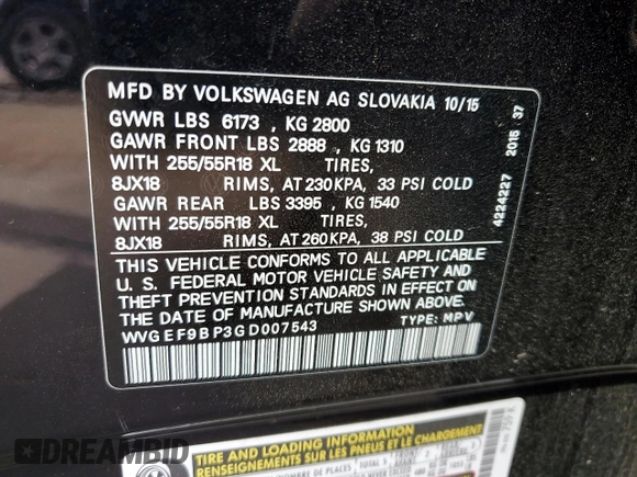 2016 Volkswagen Touareg Sport with VIN WVGEF9BP3GD007543, listed as a Copart auction lot 52806715 with 121,404 mi miles and Salvage Title. Bid and sale history available at DreamBid. Image 12.