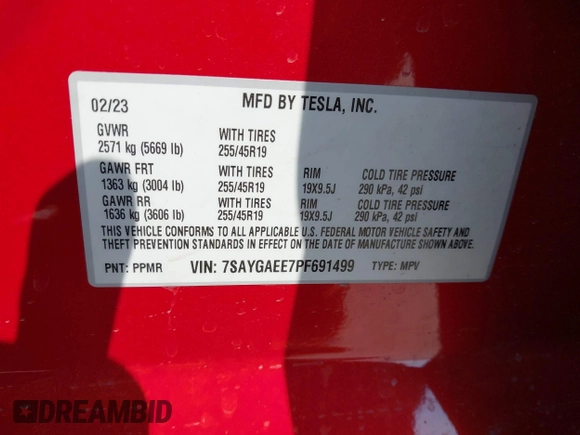 2023 Tesla Model Y Long Range z VIN 7SAYGAEE7PF691499, wystawiony jako IAAI lot #42038850 z przebiegiem 26 439 mil mil oraz . Historia ofert i sprzedaży dostępna na DreamBid. Obrazek 9.