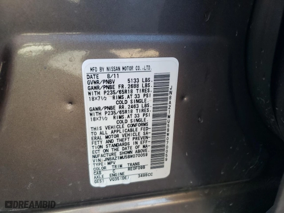 2011 Nissan Murano SL with VIN JN8AZ1MU5BW070059, listed as a Copart auction lot 42735985 with 120,550 mi miles and Salvage Title. Bid and sale history available at carsss.com. Image 13.