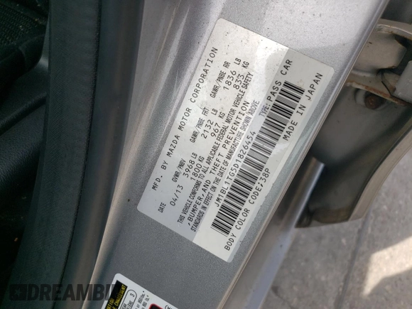 2013 Mazda 3 i SV with VIN JM1BL1TG5D1826454, listed as a Copart auction lot 62945005 with 115,921 mi miles and Salvage title. Bid and sale history available at DreamBid. Image 12.