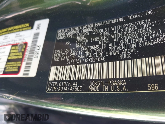 2008 Toyota Tundra with VIN 5TFET54118X024646, listed as a IAAI auction lot 41925739 with 271,062 mi miles and . Bid and sale history available at DreamBid. Image 9.