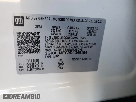 2024 GMC Terrain SLE with VIN 3GKALMEG9RL349154, listed as a Copart auction lot 63334715 with 25,151 mi miles and Salvage title. Bid and sale history available at DreamBid. Image 12.