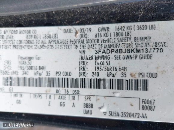 2019 Ford Fiesta SE with VIN 3FADP4BJ8KM137770, listed as a IAAI auction lot 41570607 with 89,160 mi miles. Bid and sale history available at carsss.com. Image 9.