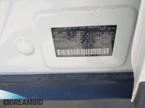 2015 Subaru Outback Limited с VIN 4S4BSENC5F3312546, выставлен на аукционе IAAI как лот 42324662 с пробегом 175 087 миль миль и . История ставок и продаж доступна на DreamBid. Изображение 9.
