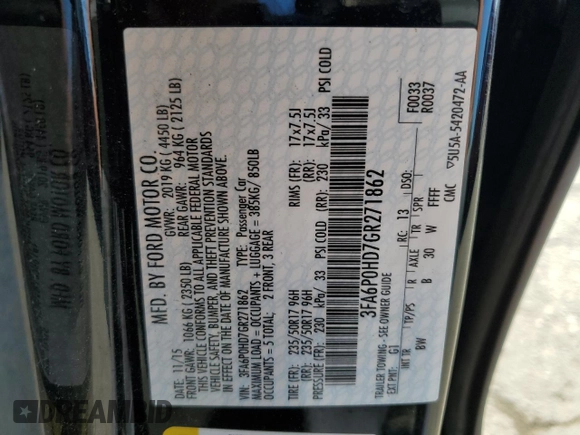 2016 Ford Fusion SE with VIN 3FA6P0HD7GR271862, listed as a Copart auction lot 54968775 with 189,318 mi miles and Clean Title. Bid and sale history available at DreamBid. Image 12.