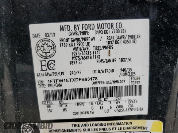 2013 Ford F-150 XL z VIN 1FTFW1ETXDFB93178, wystawiony jako Copart lot #58806015 z przebiegiem 212 651 mil mil oraz Czysty tytuł • Clean title. Historia ofert i sprzedaży dostępna na DreamBid. Obrazek 12.