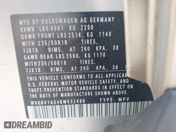 2011 Volkswagen Tiguan SE with VIN WVGBV7AX4BW532488, listed as a IAAI auction lot 42084347 with 107,529 mi miles and . Bid and sale history available at DreamBid. Image 9.