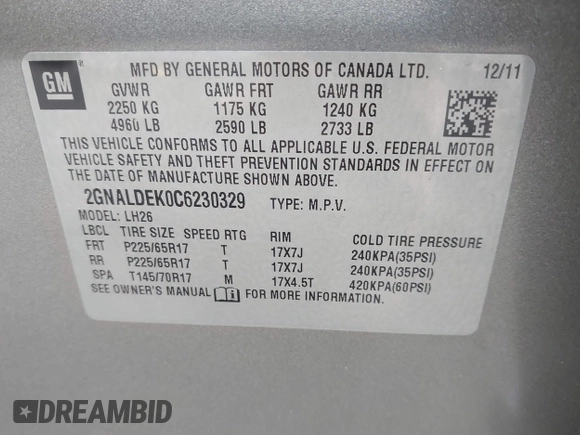 2012 Chevrolet Equinox LT w/1LT with VIN 2GNALDEK0C6230329, listed as a IAAI auction lot 42020538 with 158,996 mi miles. Bid and sale history available at carsss.com. Image 9.