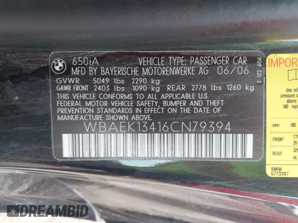 2006 BMW 6 Series 650Ci z VIN WBAEK13416CN79394, wystawiony jako IAAI lot #42420470 z przebiegiem 114 720 mil mil oraz . Historia ofert i sprzedaży dostępna na DreamBid. Obrazek 9.