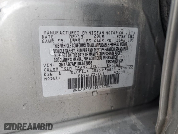 2013 Nissan Sentra S with VIN 3N1AB7AP1DL687066, listed as a Copart auction lot 50777695 with 84,332 mi miles and Salvage Title. Bid and sale history available at DreamBid. Image 12.