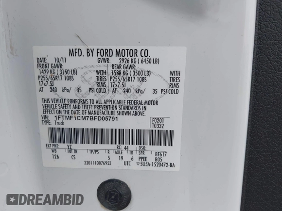 2011 Ford F-150 XL with VIN 1FTMF1CM7BFD05791, listed as a IAAI auction lot 42768916 with 59,539 mi miles and . Bid and sale history available at DreamBid. Image 9.