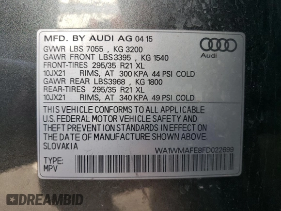 2015 Audi Q7 3.0L TDI Prestige with VIN WA1WMAFE8FD022699, listed as a Copart auction lot 76682914 with 133,789 mi miles and Salvage Title. Bid and sale history available at carsss.com. Image 14.