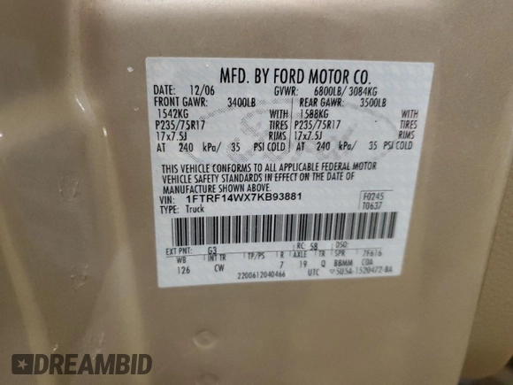 2007 Ford F-150 XL z VIN 1FTRF14WX7KB93881, wystawiony jako Copart lot #89366415 z przebiegiem 114 286 mil mil oraz Szkoda całkowita • Salvage title. Historia ofert i sprzedaży dostępna na DreamBid. Obrazek 12.
