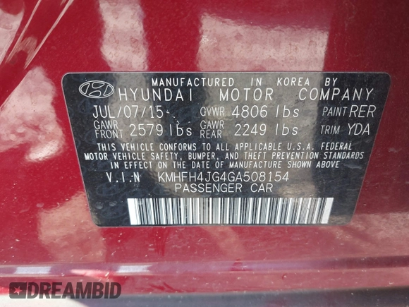 2016 Hyundai Azera Limited with VIN KMHFH4JG4GA508154, listed as a IAAI auction lot 41585151 with 83,186 mi miles and . Bid and sale history available at DreamBid. Image 9.