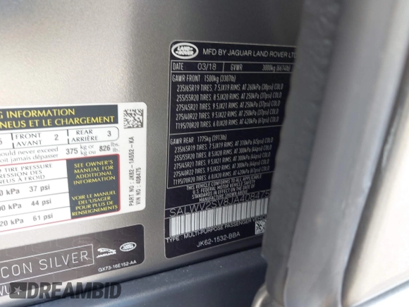 2018 Land Rover Range Rover Sport HSE Dynamic with VIN SALWV2SV8JA408475, listed as a IAAI auction lot 42333931 with 47,149 mi miles and . Bid and sale history available at DreamBid. Image 9.