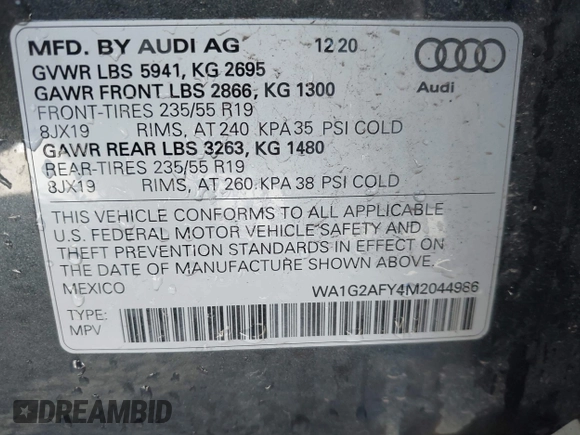 2021 Audi Q5 Premium with VIN WA1G2AFY4M2044986, listed as a IAAI auction lot 42073573 with 58,388 mi miles and . Bid and sale history available at DreamBid. Image 9.