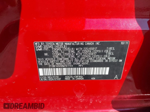 2011 Toyota RAV4 with VIN 2T3BF4DV0BW161144, listed as a IAAI auction lot 41942736 with 80,100 mi miles. Bid and sale history available at carsss.com. Image 9.
