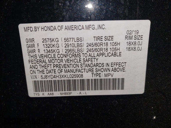 2019 Acura MDX with VIN 5J8YD4H3XKL025908, listed as a IAAI auction lot 41490178 with 82,985 mi miles. Bid and sale history available at carsss.com. Image 9.