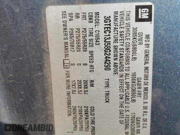 2008 GMC Sierra 1500 SLE1 z VIN 3GTEC13J58G244290, wystawiony jako Copart lot #52944255 z przebiegiem Nie podano mil oraz Szkody całkowita. Historia ofert i sprzedaży dostępna na DreamBid. Obrazek 12.