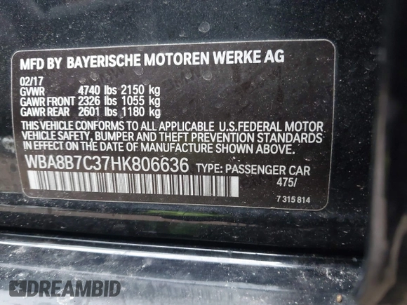 2017 BMW 3 Series 340i xDrive with VIN WBA8B7C37HK806636, listed as a IAAI auction lot 41995561 with 80,524 mi miles. Bid and sale history available at carsss.com. Image 9.