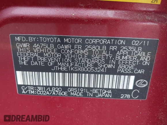 2011 Lexus GS 350 z VIN JTHBE1KSXB0053241, wystawiony jako IAAI lot #42387752 z przebiegiem 138 684 mil mil oraz . Historia ofert i sprzedaży dostępna na DreamBid. Obrazek 9.