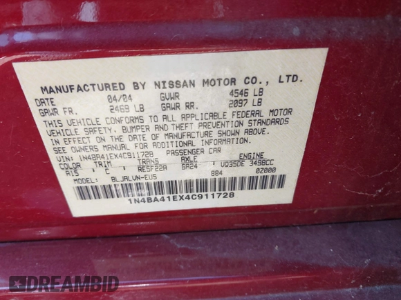 2004 Nissan Maxima SE with VIN 1N4BA41EX4C911728, listed as a IAAI auction lot 41685652 with Not provided miles and . Bid and sale history available at DreamBid. Image 9.