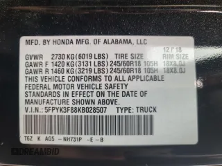 2019 Honda Ridgeline Black Edition с VIN 5FPYK3F88KB028507, выставлен на аукционе Copart как лот 83996914 с пробегом 73 082 миль миль и Чистый • Clean title. История ставок и продаж доступна на DreamBid. Изображение 10.