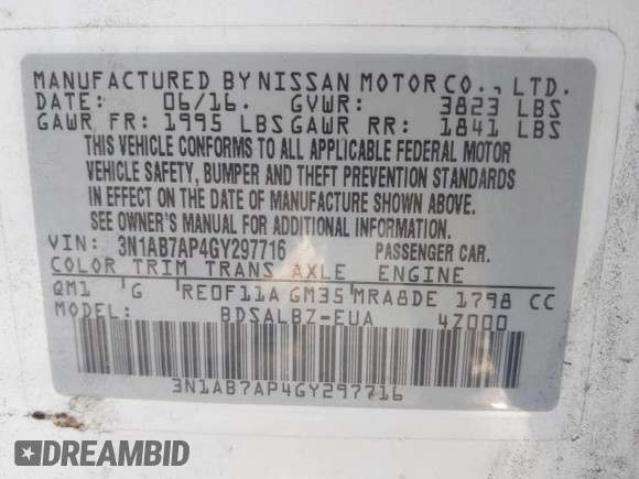 2016 Nissan Sentra SV with VIN 3N1AB7AP4GY297716, listed as a IAAI auction lot 42094043 with 107,581 mi miles and . Bid and sale history available at DreamBid. Image 9.