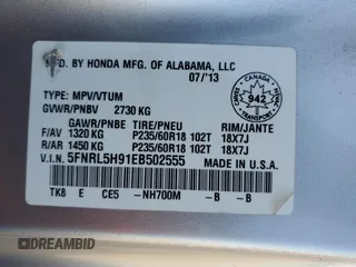 2014 Honda Odyssey Touring with VIN 5FNRL5H91EB502555, listed as a Copart auction lot 61872285 with 203,448 mi miles and Salvage title. Bid and sale history available at DreamBid. Image 13.