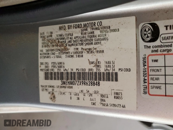 2009 Mercury Milan with VIN 3MEHM07ZX9R628848, listed as a Copart auction lot 87512545 with 146,714 mi miles and Salvage title. Bid and sale history available at DreamBid. Image 12.
