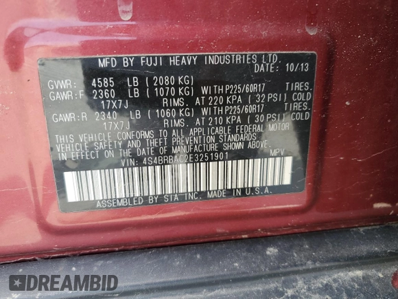 2014 Subaru Outback 2.5i with VIN 4S4BRBAC2E3251901, listed as a Copart auction lot 56006135 with 135,939 mi miles and Salvage title. Bid and sale history available at DreamBid. Image 13.