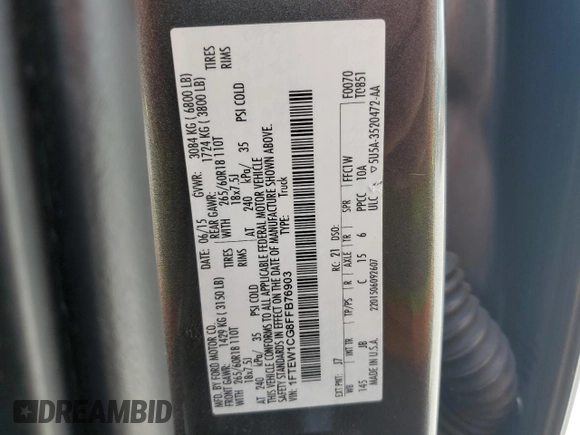 2015 Ford F-150 XL with VIN 1FTEW1CG8FFB76903, listed as a Copart auction lot 55628185 with Not provided miles and Salvage title. Bid and sale history available at DreamBid. Image 12.