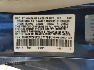 2003 Honda Civic LX with VIN 1HGEM225X3L071791, listed as a Copart auction lot 50315415 with 192,443 mi miles and Salvage Title. Bid and sale history available at DreamBid. Image 12.