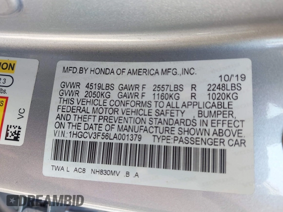 2020 Honda Accord EX-L with VIN 1HGCV3F56LA001379, listed as a IAAI auction lot 41683061 with 76,084 mi miles and . Bid and sale history available at DreamBid. Image 9.