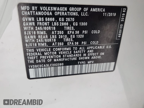 2020 Volkswagen Atlas S z VIN 1V2GC2CA3LC202080, wystawiony jako Copart lot #87104644 z przebiegiem 67 186 mil mil oraz Szkoda całkowita • Salvage title. Historia ofert i sprzedaży dostępna na DreamBid. Obrazek 12.
