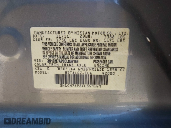 2012 Nissan Versa SL with VIN 3N1CN7AP8CL859169, listed as a IAAI auction lot 42013989 with 93,310 mi miles. Bid and sale history available at carsss.com. Image 9.