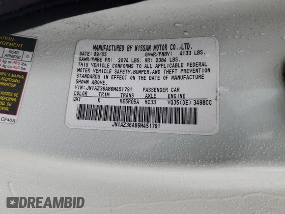 2006 Nissan 350Z Touring z VIN JN1AZ36A86M451791, wystawiony jako Copart lot #45200125 z przebiegiem 85 159 mil mil oraz Szkoda całkowita • Salvage title. Historia ofert i sprzedaży dostępna na DreamBid. Obrazek 13.