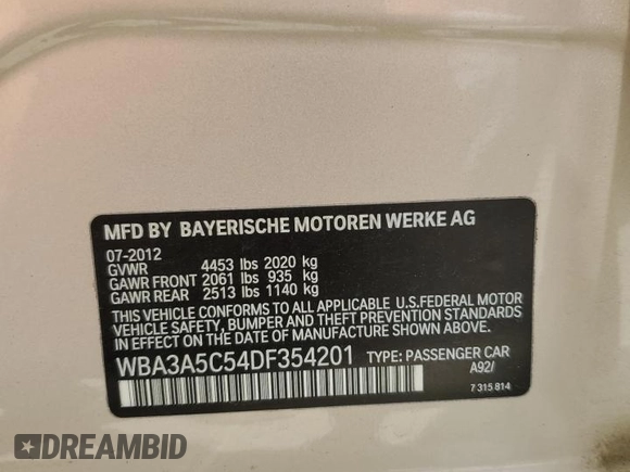 2013 BMW 3 Series 328i with VIN WBA3A5C54DF354201, listed as a Copart auction lot 57764245 with 142,275 mi miles and Salvage title. Bid and sale history available at DreamBid. Image 12.