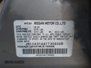 2001 Nissan Maxima GLE z VIN JN1CA31A41T304048, wystawiony jako IAAI lot #42170749 z przebiegiem 215 284 mil mil oraz . Historia ofert i sprzedaży dostępna na DreamBid. Obrazek 9.