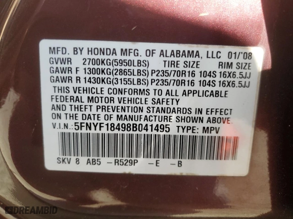2008 Honda Pilot EX with VIN 5FNYF18498B041495, listed as a Copart auction lot 50946055 with 163,527 mi miles and Salvage Title. Bid and sale history available at carsss.com. Image 15.