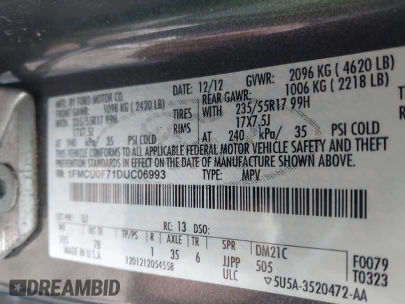 2013 Ford Escape S with VIN 1FMCU0F71DUC06993, listed as a IAAI auction lot 41932626 with 238,691 mi miles. Bid and sale history available at carsss.com. Image 9.
