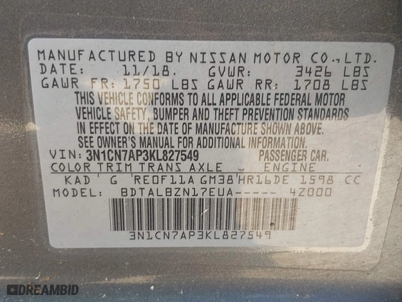 2019 Nissan Versa Sedan SV with VIN 3N1CN7AP3KL827549, listed as a IAAI auction lot 39598066 with 120,817 mi miles. Bid and sale history available at carsss.com. Image 9.