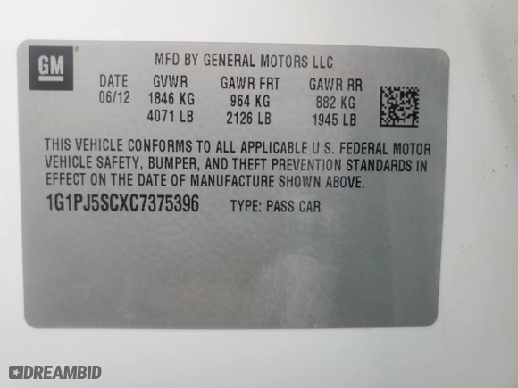 2012 Chevrolet Cruze ECO with VIN 1G1PJ5SCXC7375396, listed as a Copart auction lot 49240635 with 223,686 mi miles and Salvage Title. Bid and sale history available at carsss.com. Image 12.