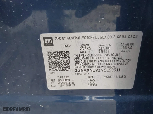 2022 Chevrolet Equinox Premier with VIN 3GNAXNEV1NS199911, listed as a IAAI auction lot 40761004 with 1 mi miles. Bid and sale history available at carsss.com. Image 9.