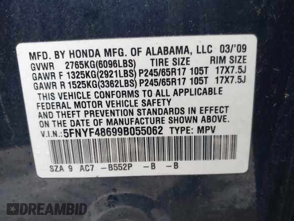 2009 Honda Pilot EX-L with VIN 5FNYF48699B055062, listed as a IAAI auction lot 41967409 with 300,781 mi miles and . Bid and sale history available at carsss.com. Image 9.