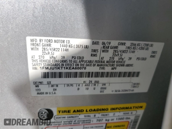 2019 Ford Expedition Limited with VIN 1FMJU1KT1KEA60070, listed as a Copart auction lot 52327215 with 93,615 mi miles and Salvage title. Bid and sale history available at DreamBid. Image 13.