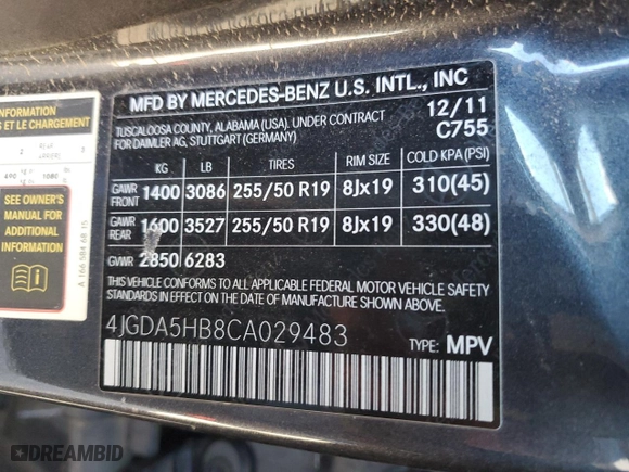 2012 Mercedes-Benz M-Class ML 350 with VIN 4JGDA5HB8CA029483, listed as a Copart auction lot 47688895 with 172,260 mi miles and Salvage Title. Bid and sale history available at carsss.com. Image 15.