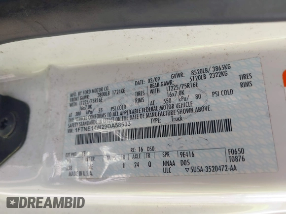 2009 Ford Econoline Cargo Commercial with VIN 1FTNE14W29DA58533, listed as a IAAI auction lot 42083708 with 42,235 mi miles and . Bid and sale history available at DreamBid. Image 9.