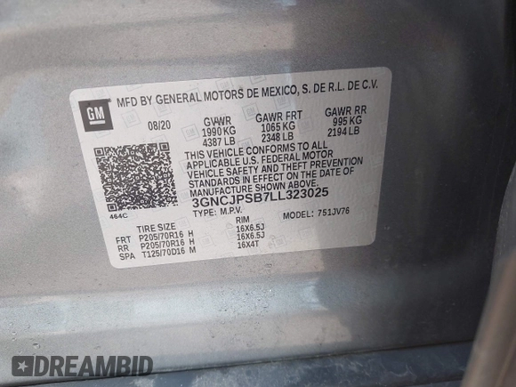 2020 Chevrolet Trax LT z VIN 3GNCJPSB7LL323025, wystawiony jako IAAI lot #42258130 z przebiegiem 55 635 mil mil oraz . Historia ofert i sprzedaży dostępna na DreamBid. Obrazek 9.