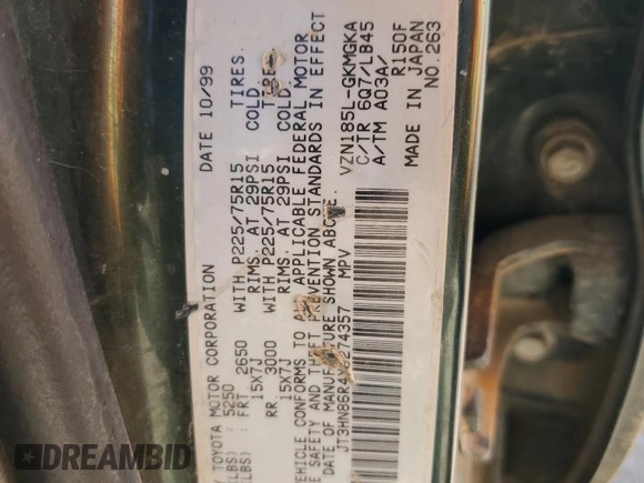 2000 Toyota 4Runner SR5 z VIN JT3HN86R4Y0274357, wystawiony jako Copart lot #53998175 z przebiegiem 306 426 mil mil oraz Szkoda całkowita • Salvage title. Historia ofert i sprzedaży dostępna na DreamBid. Obrazek 13.